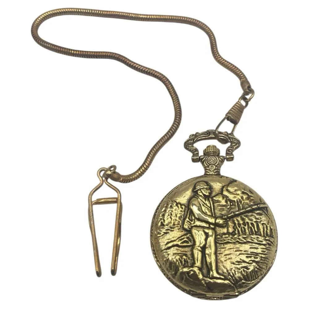 Vintage Medal Gold Tone Quartz Pocket Watch Hunting Scene New Battery